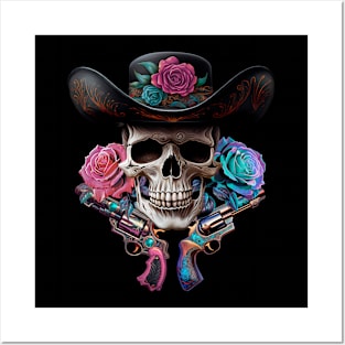 Cowboy skull, roses and guns Posters and Art